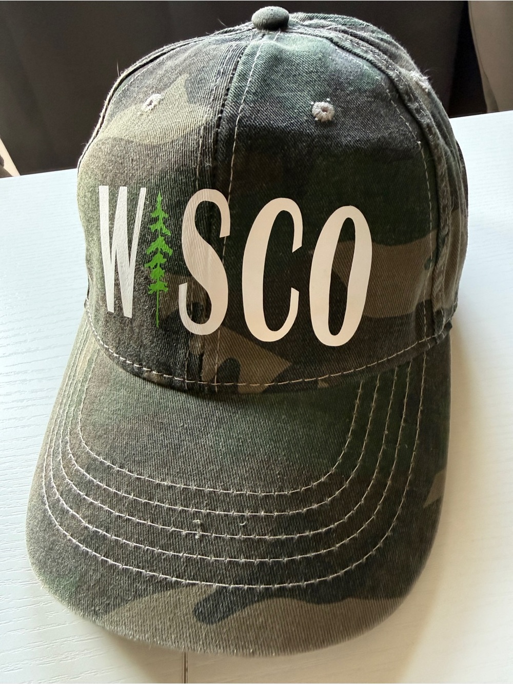 Distressed Camo Wisco Hat Cap OS Adjustable Back